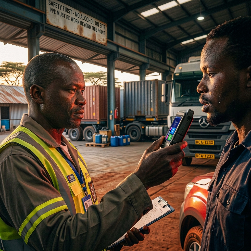 AlcoblowPro 8000T non-contact breath alcohol screening at a Kenyan logistics depot gate