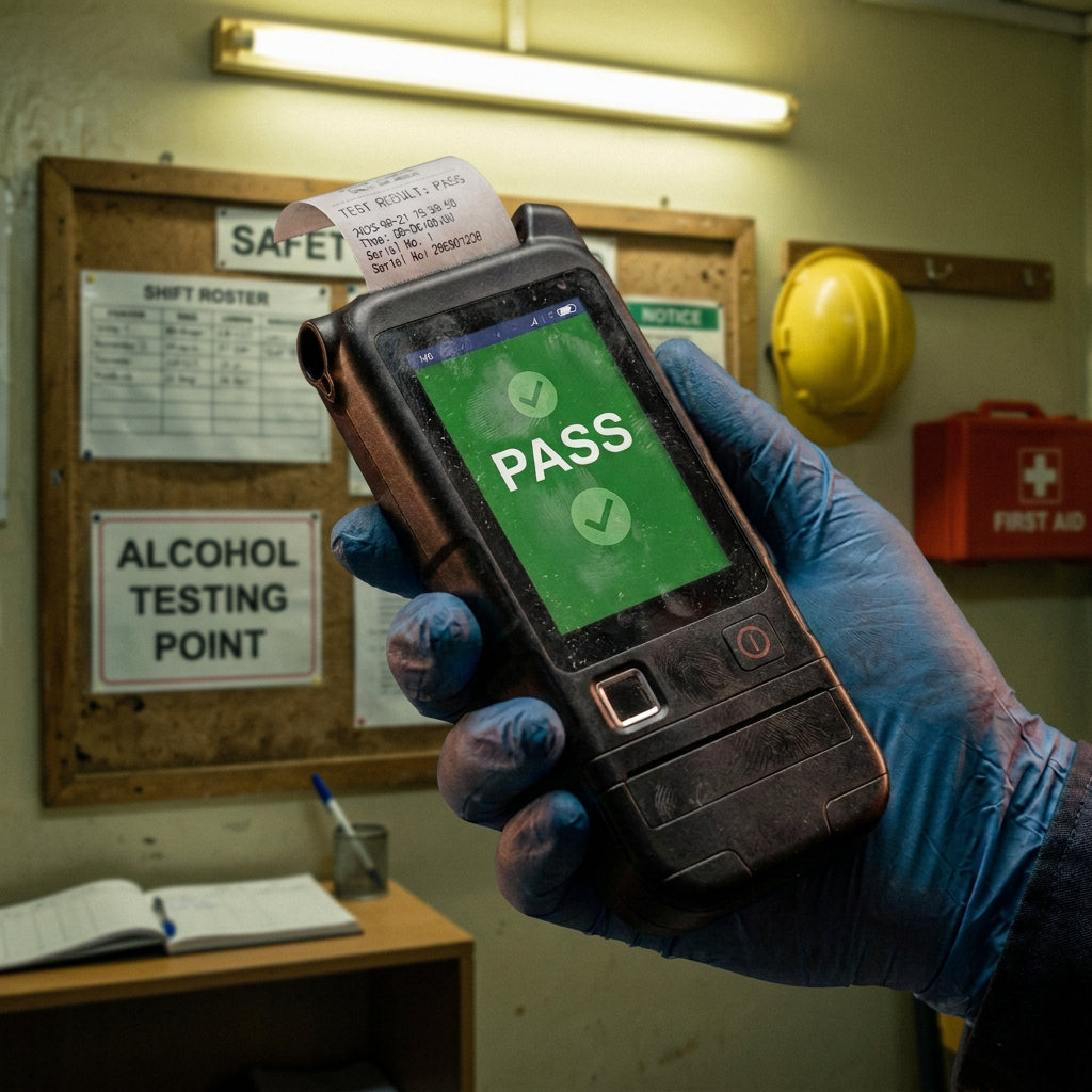 AlcoblowPro 8000T touchscreen breathalyzer showing a pass result with a printed test slip