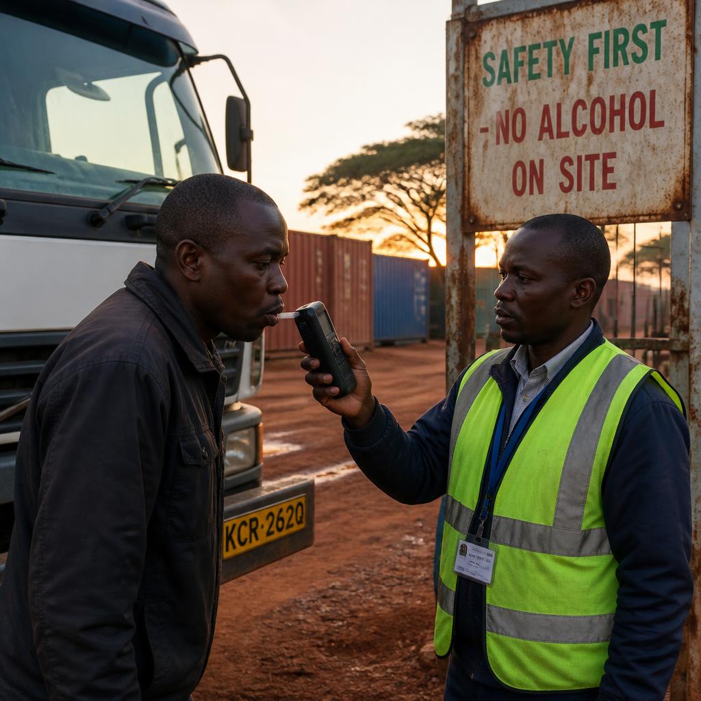 Kenyan depot safety officer screening a truck driver at a gate under a no-alcohol-on-site sign