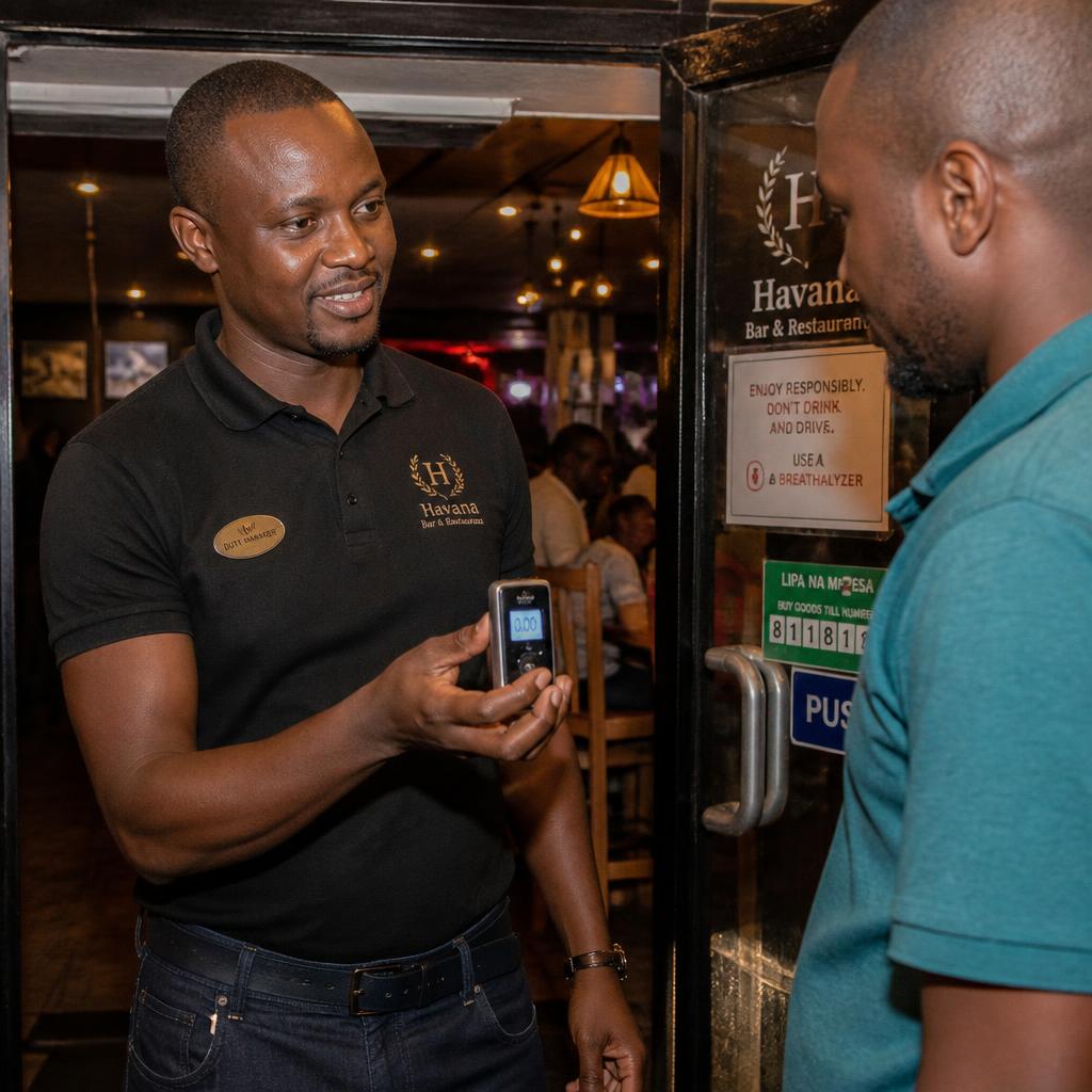 Bar duty manager offering a compact digital breathalyzer to a customer at a Nairobi restaurant entrance