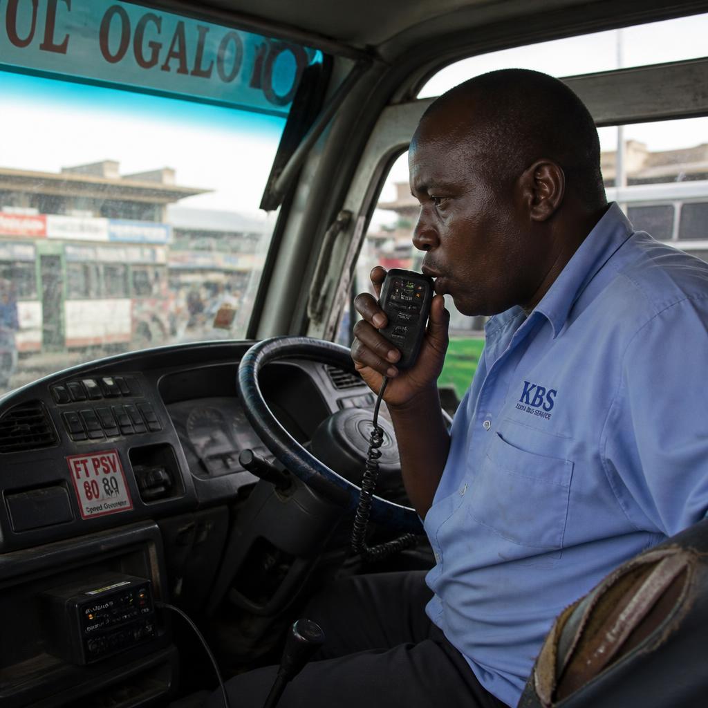 Kenyan bus driver blowing into an alcohol interlock handset wired under the dashboard