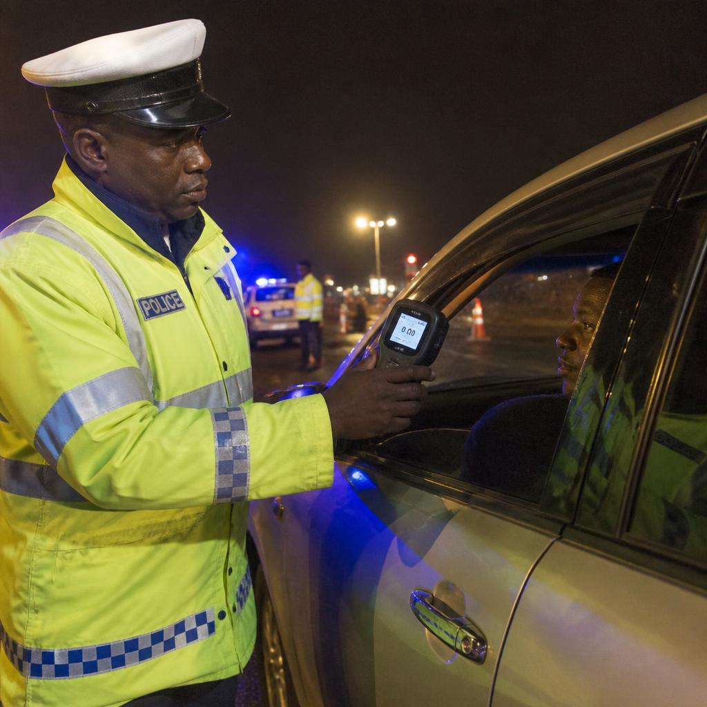 Kenyan traffic police officer using a handheld breathalyzer at a night roadside checkpoint