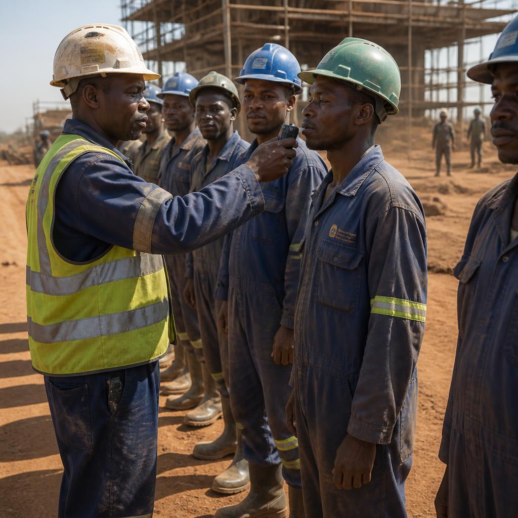 Site supervisor screening a line of workers in overalls and hard hats at a Kenyan construction site