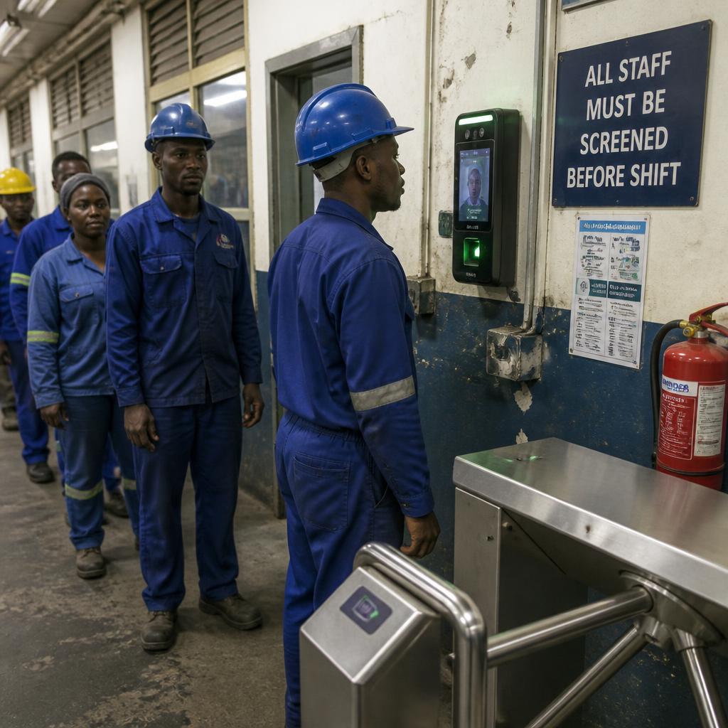 Factory workers in blue overalls queuing at a wall-mounted alcohol testing terminal beside a turnstile